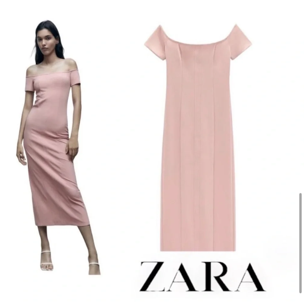 🆕(NWT) ZARA Bloggers Fav Blush Pink Off-The-Shoulder Sheath Midi/Maxi Dress. LG - Picture 6 of 15